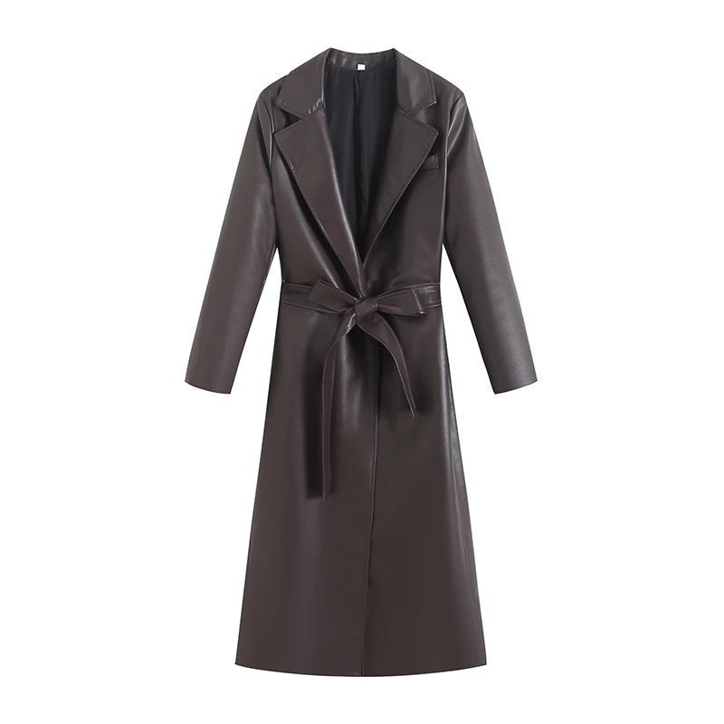 Faux Leather Lace-up Waist Trimming Coat