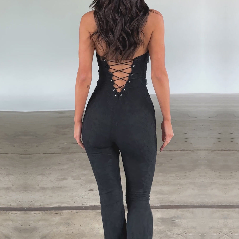 Lash Rope Lace up Slim Fit Jumpsuit See-Through