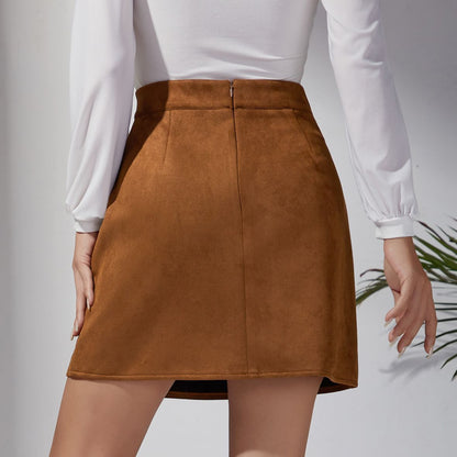 Suede High Waist Metal Buckle Skirt