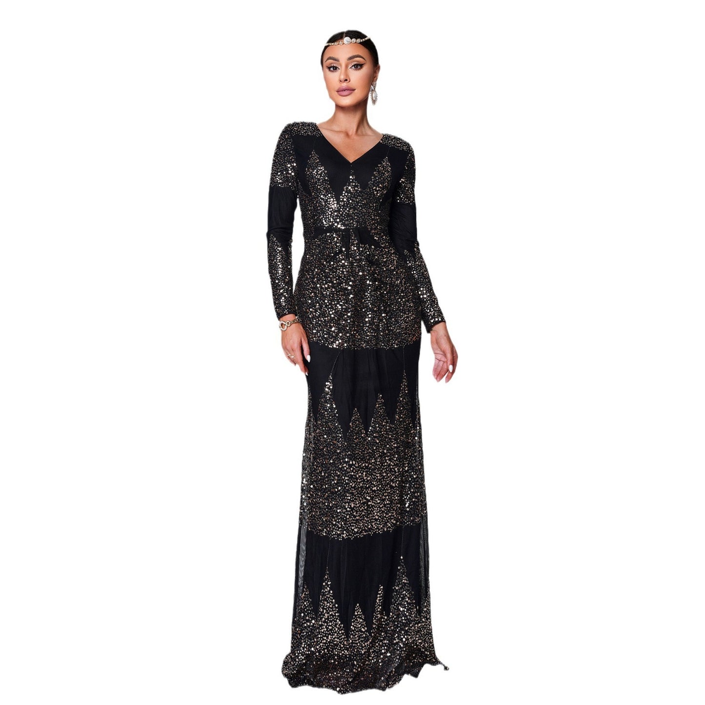 Long Sleeve V-neck Slim-fit Long Sequined Banquet Dress