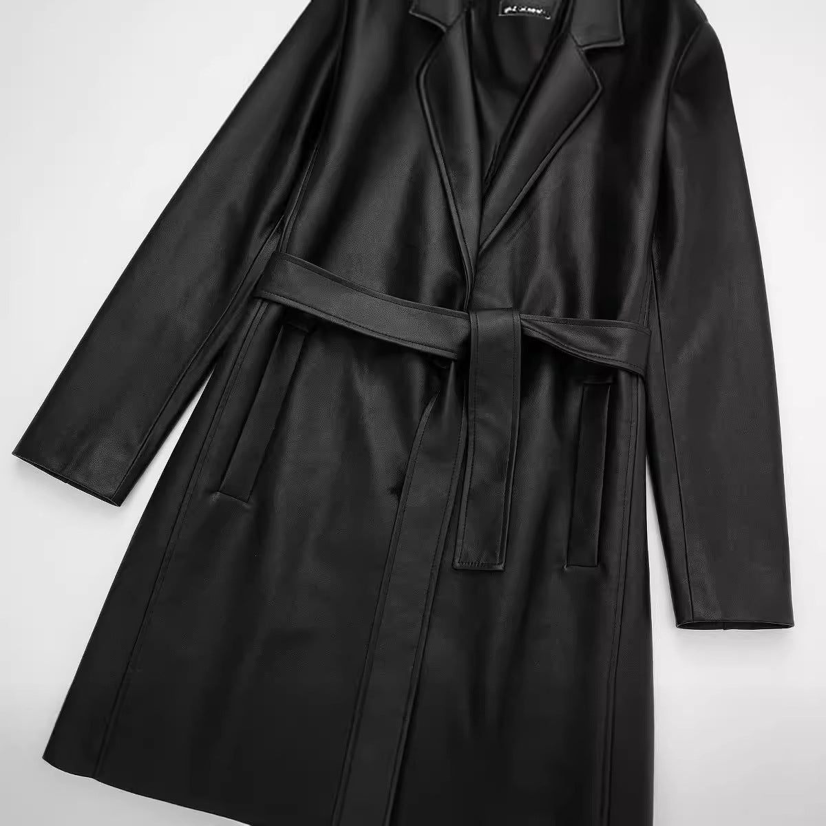 Faux Leather Lace-up Waist Trimming Coat