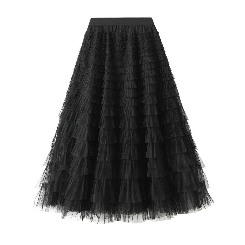 Line Mesh Ruffle Skirt