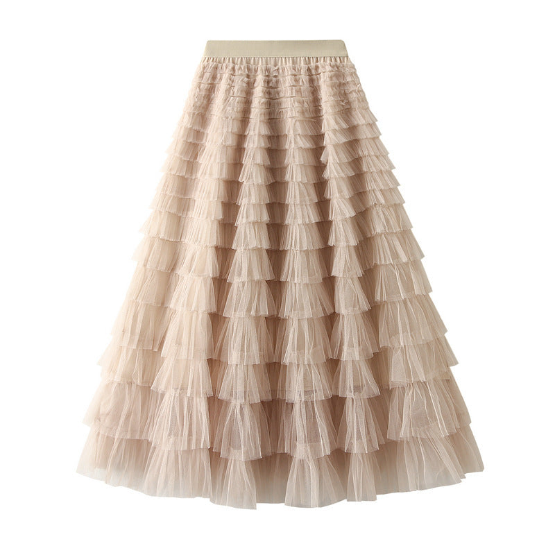 Line Mesh Ruffle Skirt