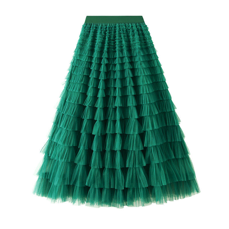 Line Mesh Ruffle Skirt