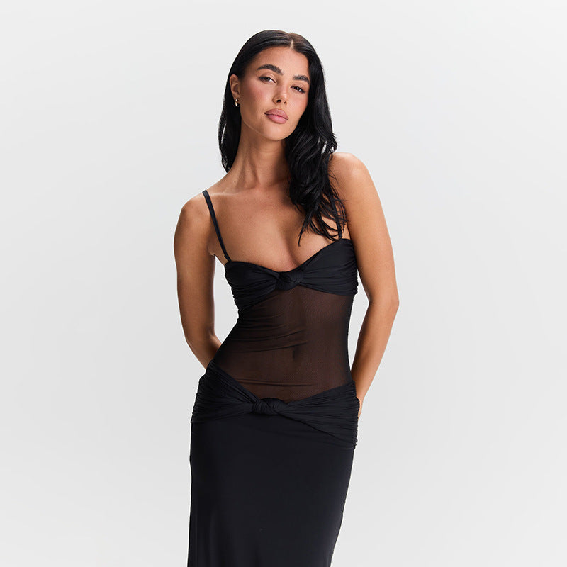 Detachable Shoulder Strap Kinked Mesh Dress