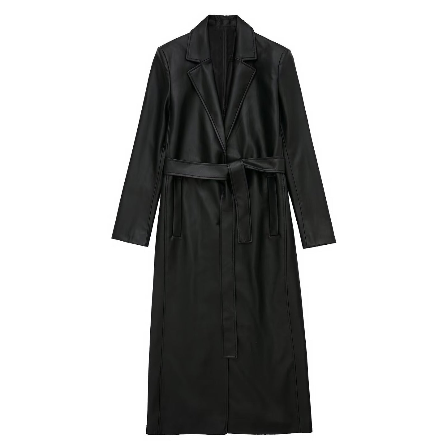 Faux Leather Lace-up Waist Trimming Coat