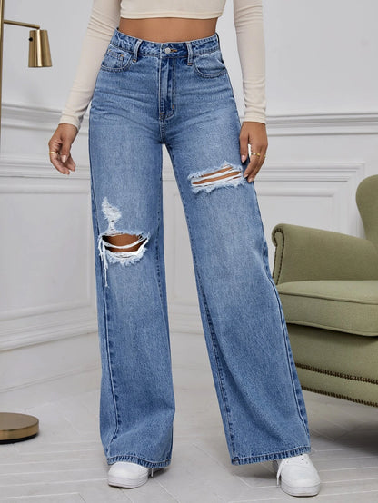 Ezwear High Waist Ripped Wide Leg Jeans