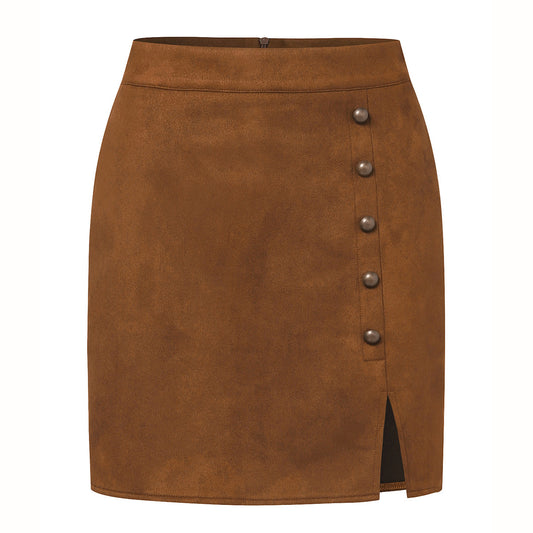 Suede High Waist Metal Buckle Skirt