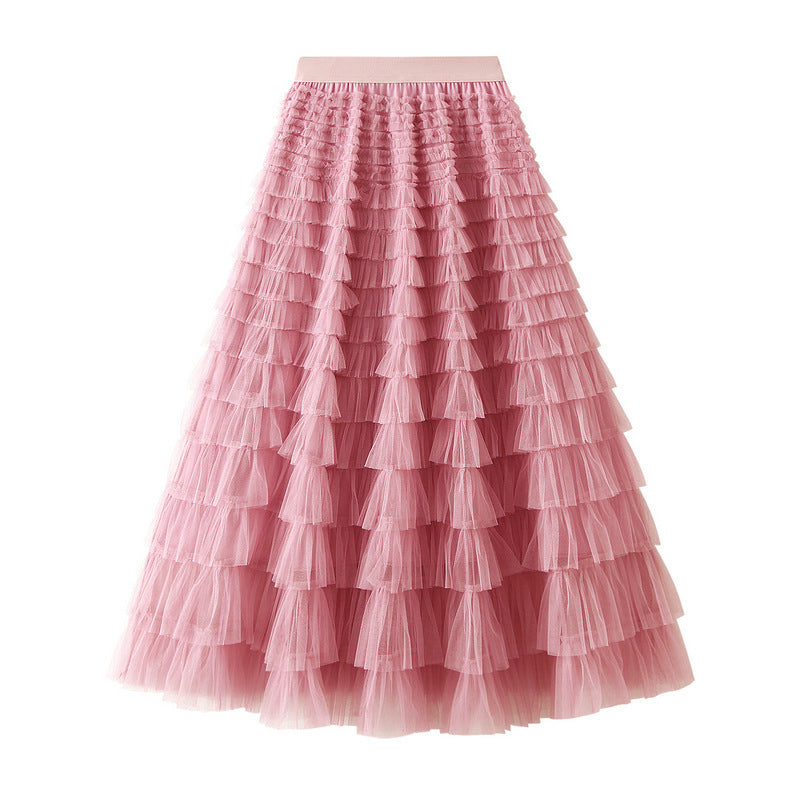 Line Mesh Ruffle Skirt