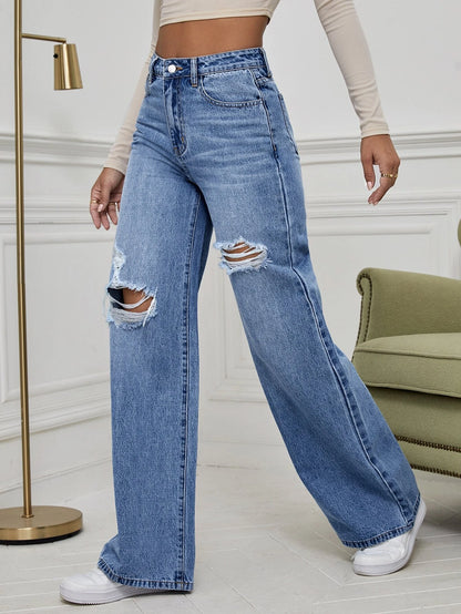 Ezwear High Waist Ripped Wide Leg Jeans