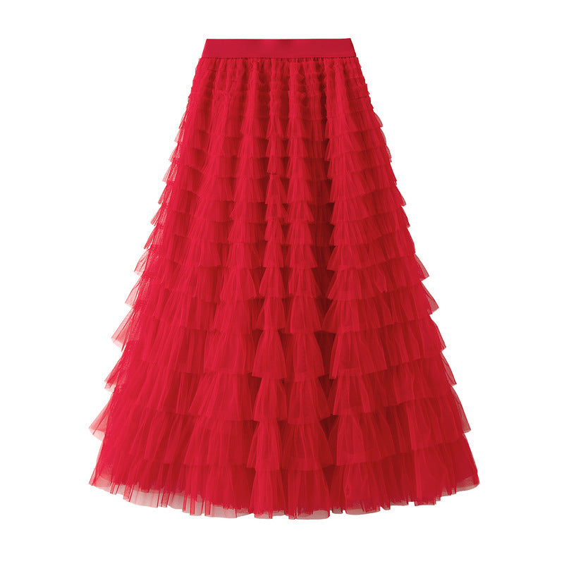 Line Mesh Ruffle Skirt