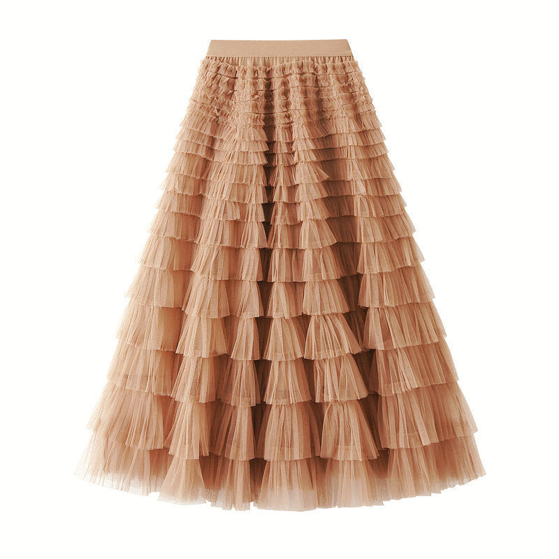 Line Mesh Ruffle Skirt