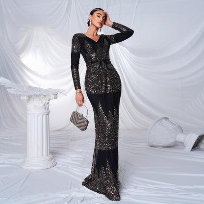 Long Sleeve V-neck Slim-fit Long Sequined Banquet Dress