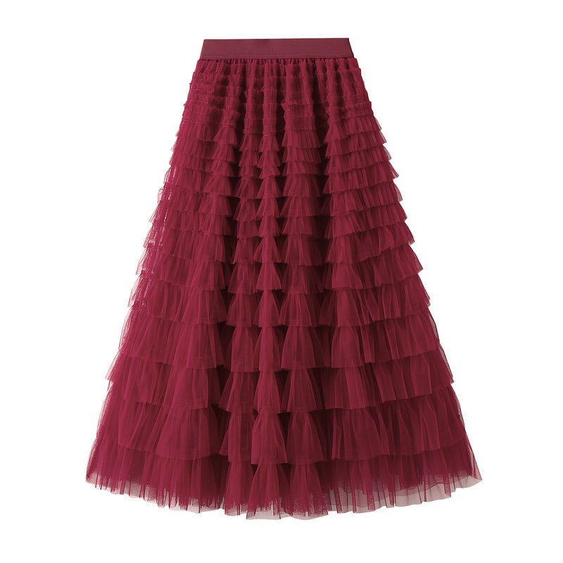 Line Mesh Ruffle Skirt