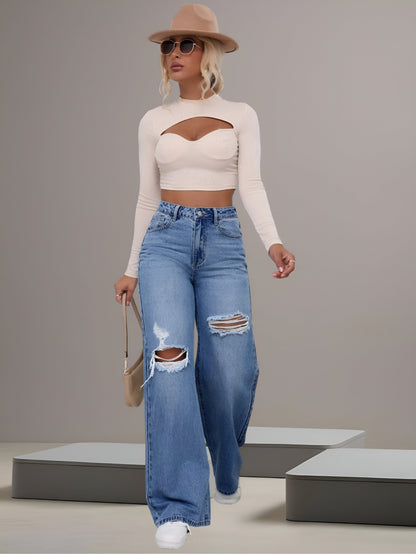 High Waist Ripped Wide Jeans